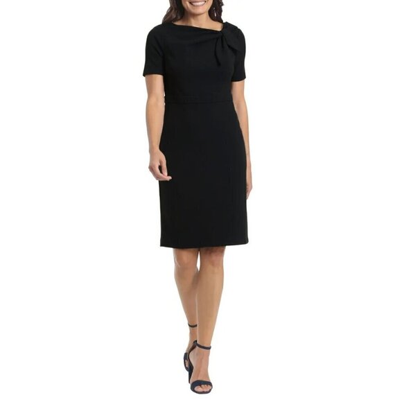 NWT London Times Women's Short Sleeve Gathered Neck Tie Sheath Mini Dress - Picture 1 of 8